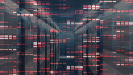 animación de cuadrados de mosaico y senderos de luz contra la sala de servidores de computadora