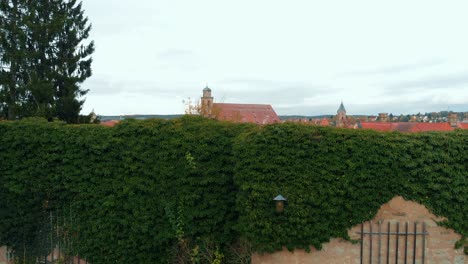 Ein-Panorama-Einer-Historischen-Stadt-Und-Die-Drohne-Beginnt,-In-Einer-Kaskade-Entlang-Der-Stadtmauer-Herabzusteigen,-Dann-Senkt-Sie-Sich-Entlang-Einer-Lebenden-Wand-Einer-Pflanze