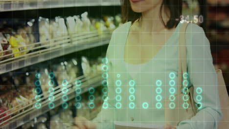 shopping in store, woman with digital data processing animation over shelves