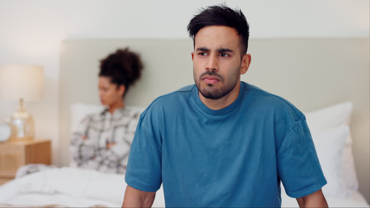 Man, conflict and fight of couple in bedroom