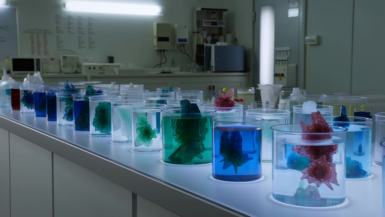 Low oblique shot of laboratory bench lined with clear beakers in staggered rows across foreground and midground, each holding colored solution with visible