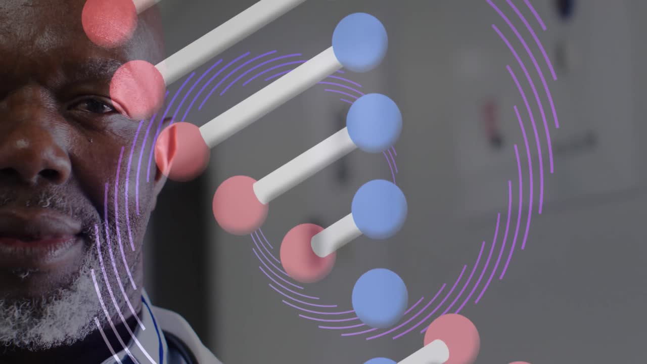 웃는 아프리카계 미국인 남성 의사의 dna 스트랜드와 데이터 처리의 애니메이션