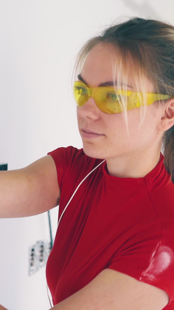 CU, Dolly shot: pretty woman with goggles draws line with pencil and level tool at joyful man with headphones in room closeup