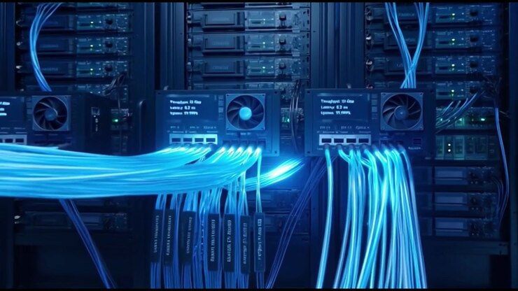 Data Center Server Racks with Glowing Fiber Optic Cables