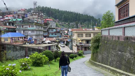 vista trasera de una joven india feliz caminando por caminos de montaña en darjeeling con casas en lo alto de una colina y un bosque al fondo