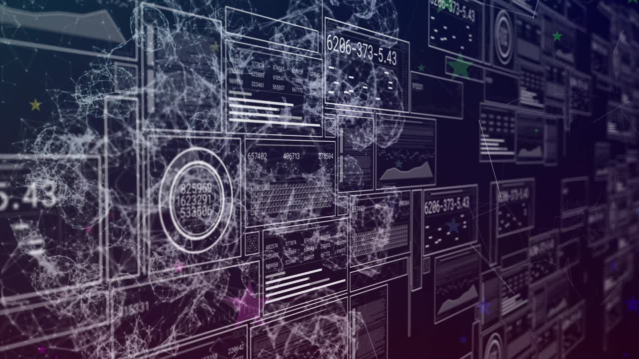 Animation of graphs, changing number, loading circle, bars, connected dots forming abstract pattern