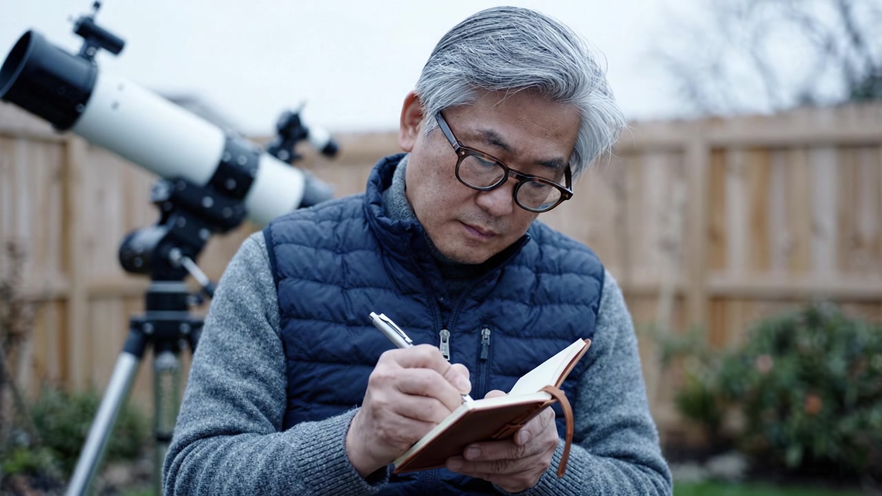 En astronom dokumenterer himmelske observationer med et teleskop i en baghave, nedskriver vigtige noter og indsigter i en notesbog til fremtidig reference