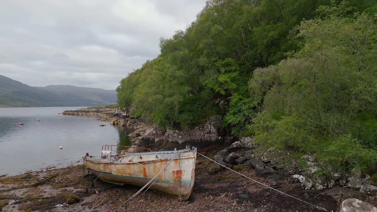 Panoramic aerial view of Loch Broom, Scottish Highlands, with fishing boats, coastline and hills