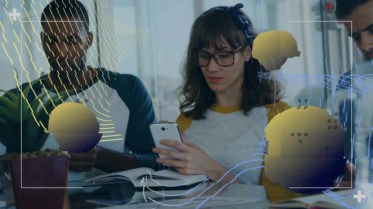 Center woman scrolling phone, activating overlay in business, visualizing data as spheres growing
