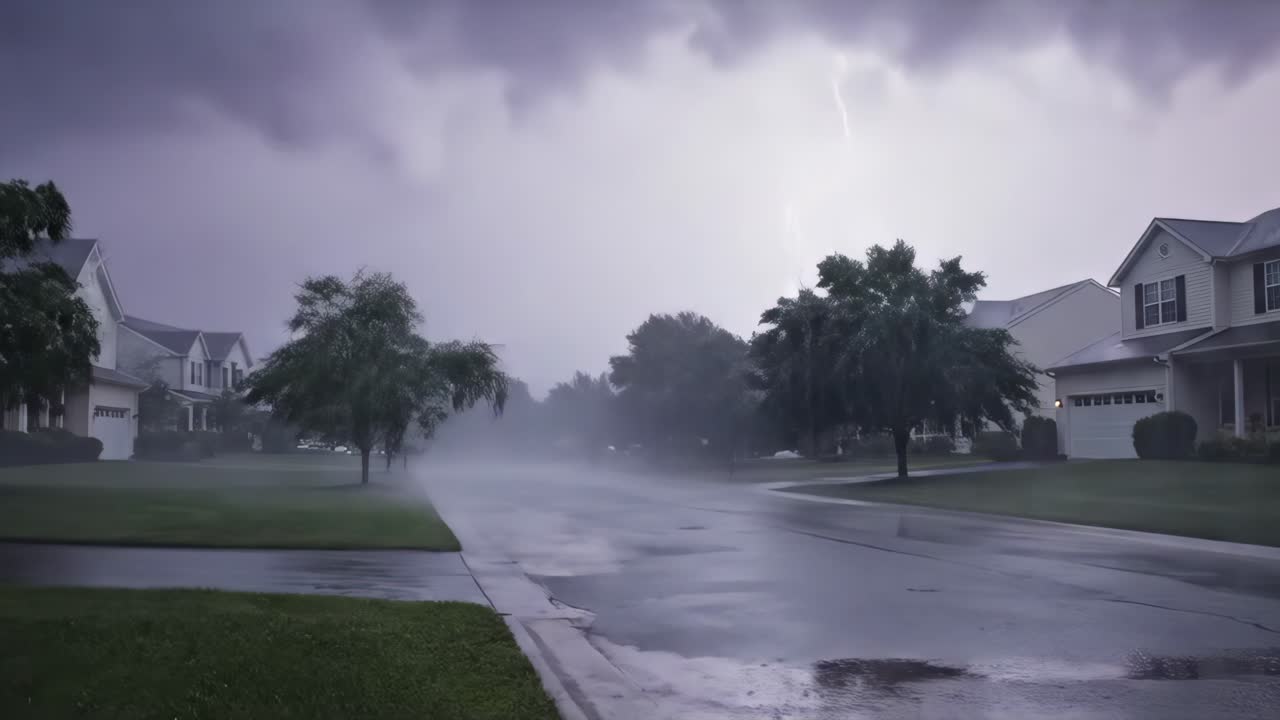 Dark storm clouds gather over a suburban neighborhood, as rain begins to fall, creating a moody atmosphere with wet streets and swaying trees in a dramatic weather scene