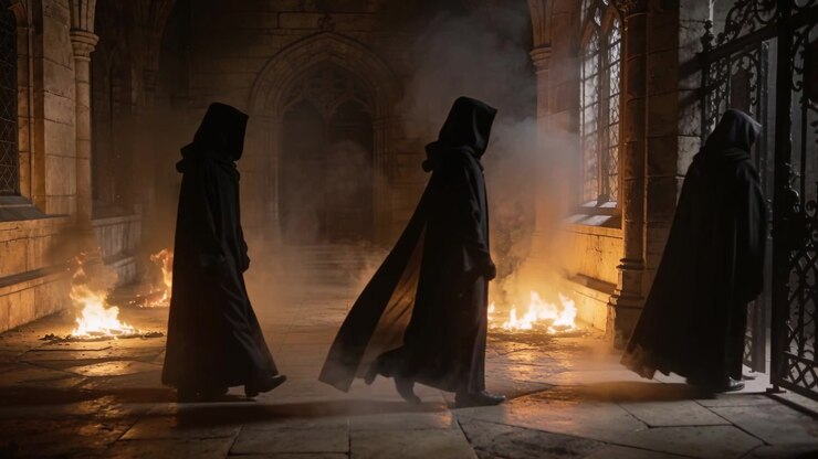 Walking three cloaked figures entering from left, crossing Gothic corridor past iron gate and fires