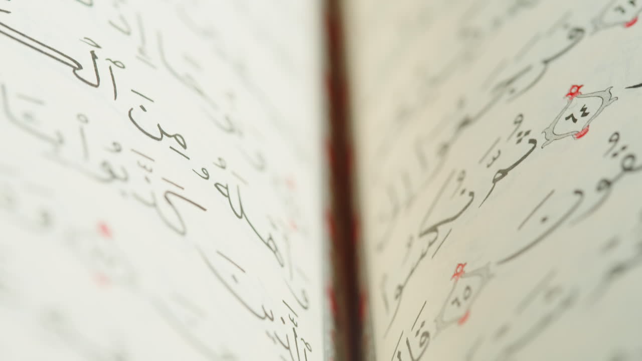 Quran book close-up, praying, islamic religion. Religious holiday Ramadan, holy month. Worship, making traditional prayer to God