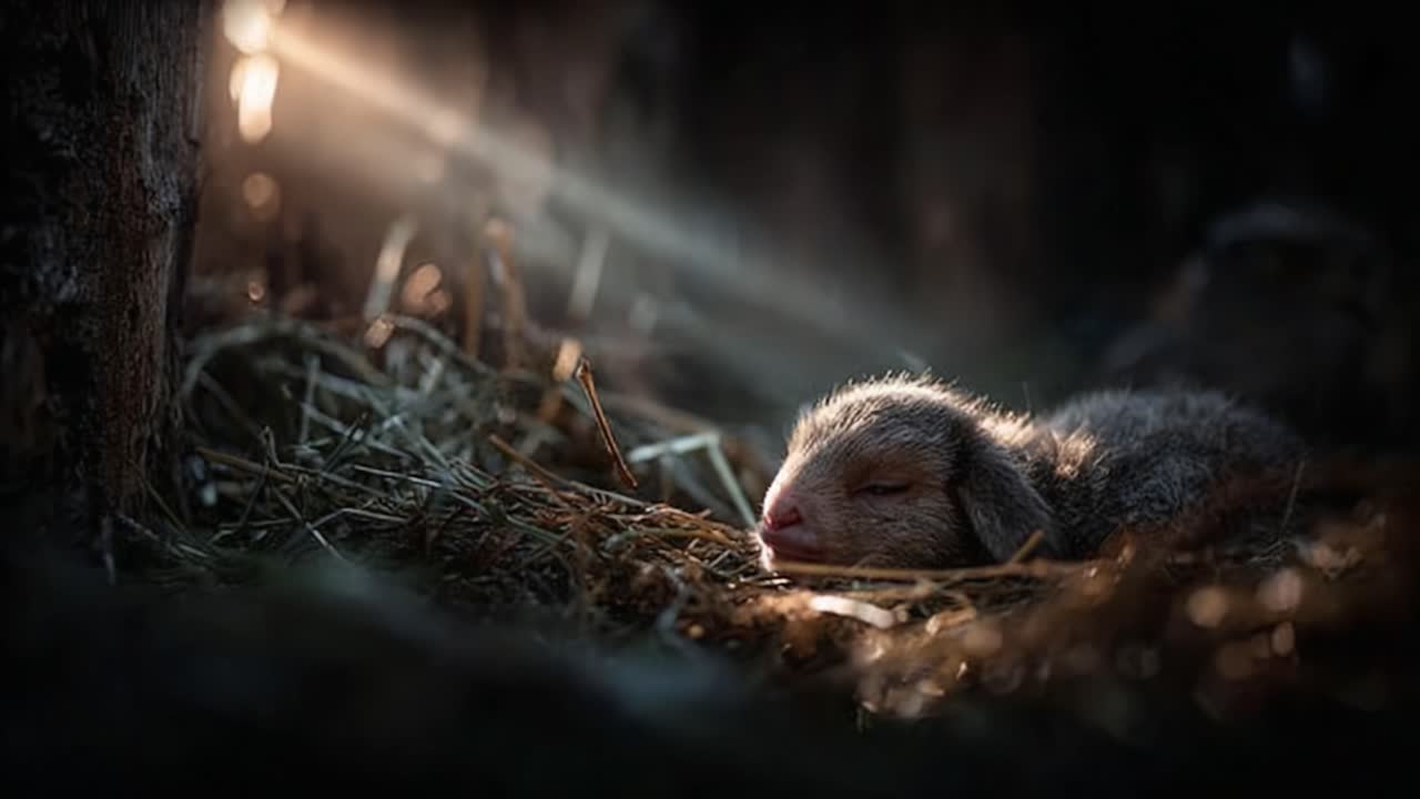 A Serene Moment: A Sleeping Young Rabbit Resting Comfortably in Soft Hay while Gentle Sunlight Filters Through the Surrounding Darkness