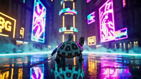 tortuga en una ciudad cyberpunk de neón