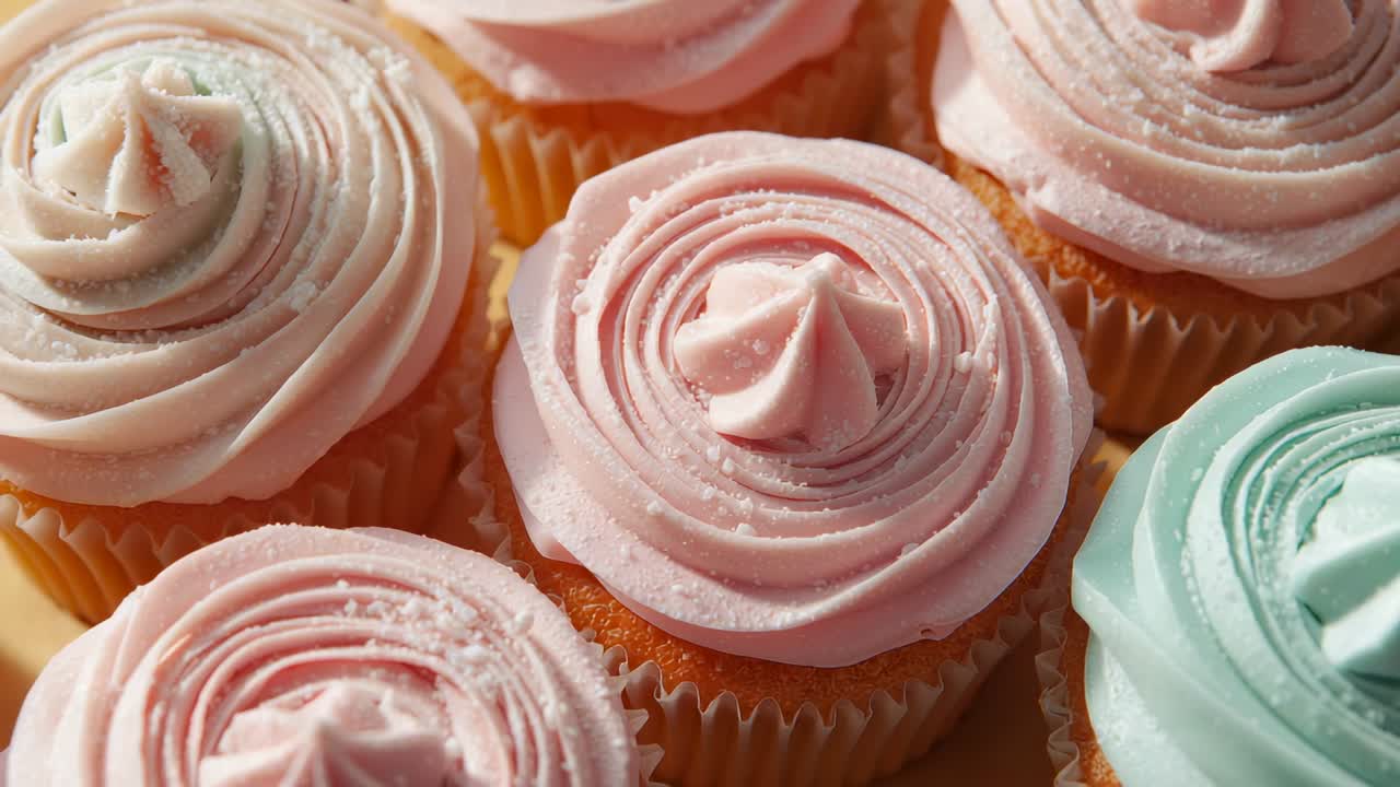 Overhead shot initiating camera panning over frosted cupcakes on board, with sprinkles and swirls