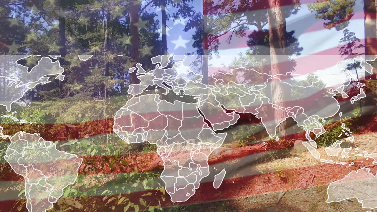 Animation of world map overlaying American flag and forest, symbolizing global unity