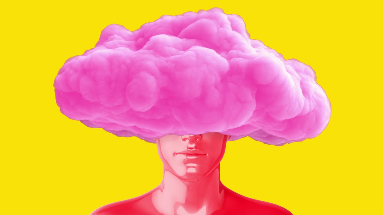 머리에 분홍색 구름을 가진 은 남자의 몸, 창의적인 현대 스 모션 스타일의 현실적인 3d 아트 구성, 최소한의 추상적인 그래픽 컨셉 디자인, 패션 루프 애니메이션.