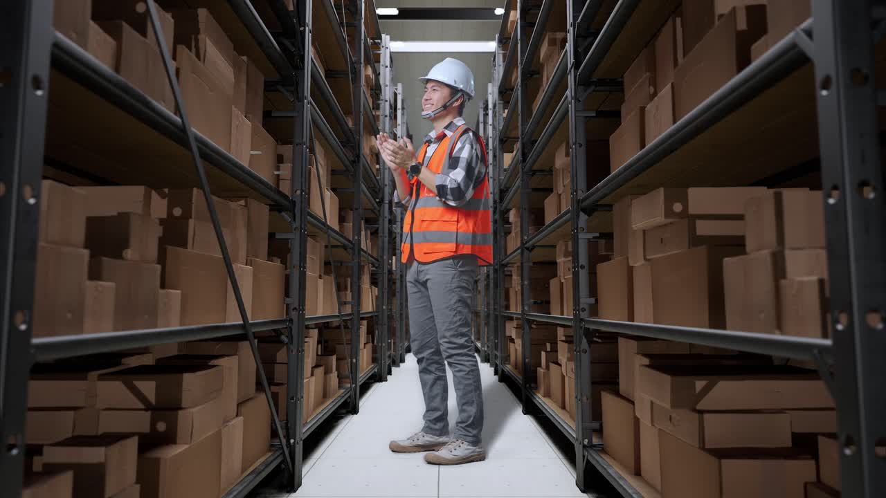 vista lateral completa del cuerpo de un ingeniero masculino asiático con casco de seguridad de pie en el almacén con estantes llenos de mercancías de entrega. sonriendo a la cámara y aplaudiendo en el almacenamiento
