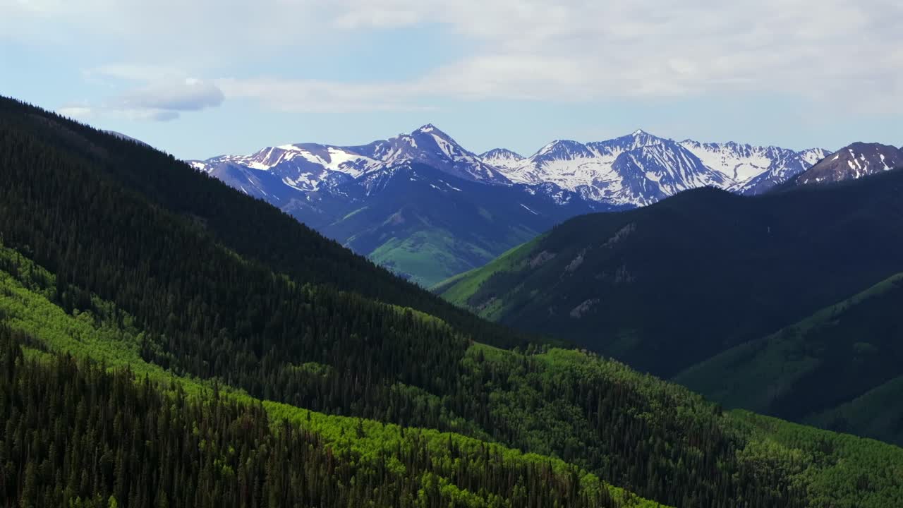 Ashcroft Mountain spring summertime morning blue sky clouds Aspen Mountain Ajax Little Annie Trailhead aerial drone Colorado scenic Rocky Mountains Elk Range Aspen Trees Grove parallax circle right