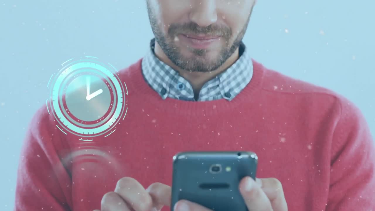 animación de un reloj moviéndose rápido sobre un hombre usando un teléfono inteligente