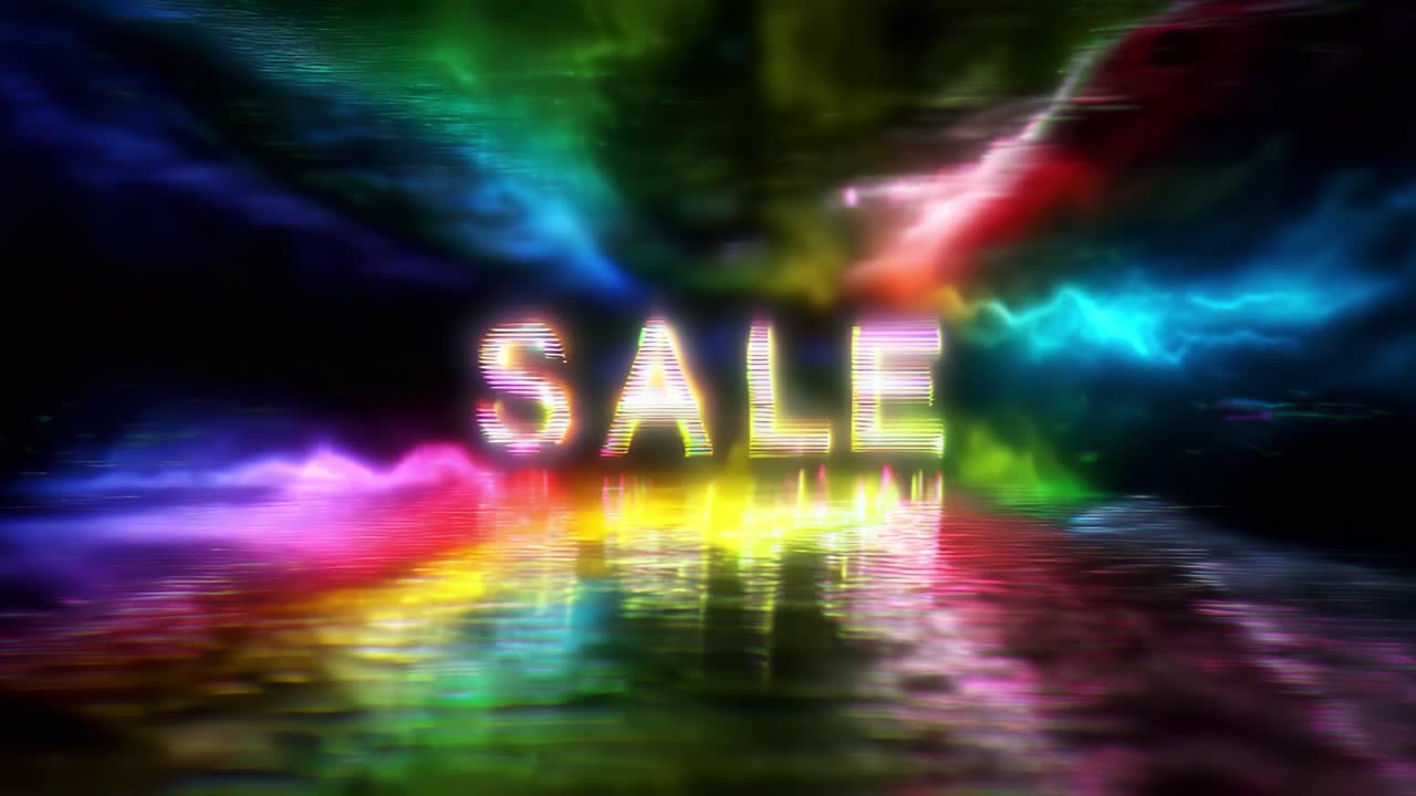 Vibrant and Electrifying Animated Sale Announcement Reflecting on Water Surface with Colorful Light Effects, Creating a Breathtaking and Eye-Catching Visual Experience