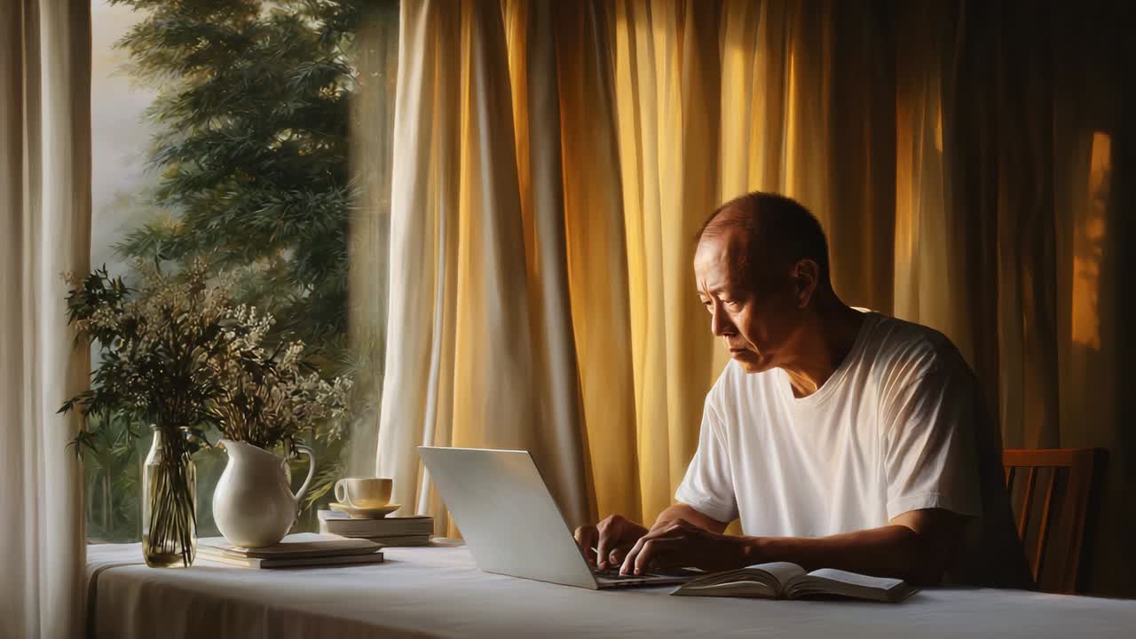 A contemplative senior man immersed in digital work at a sunlit table, surrounded by nature, books, and a tranquil atmosphere, showcases the harmony of modern technology and serene living