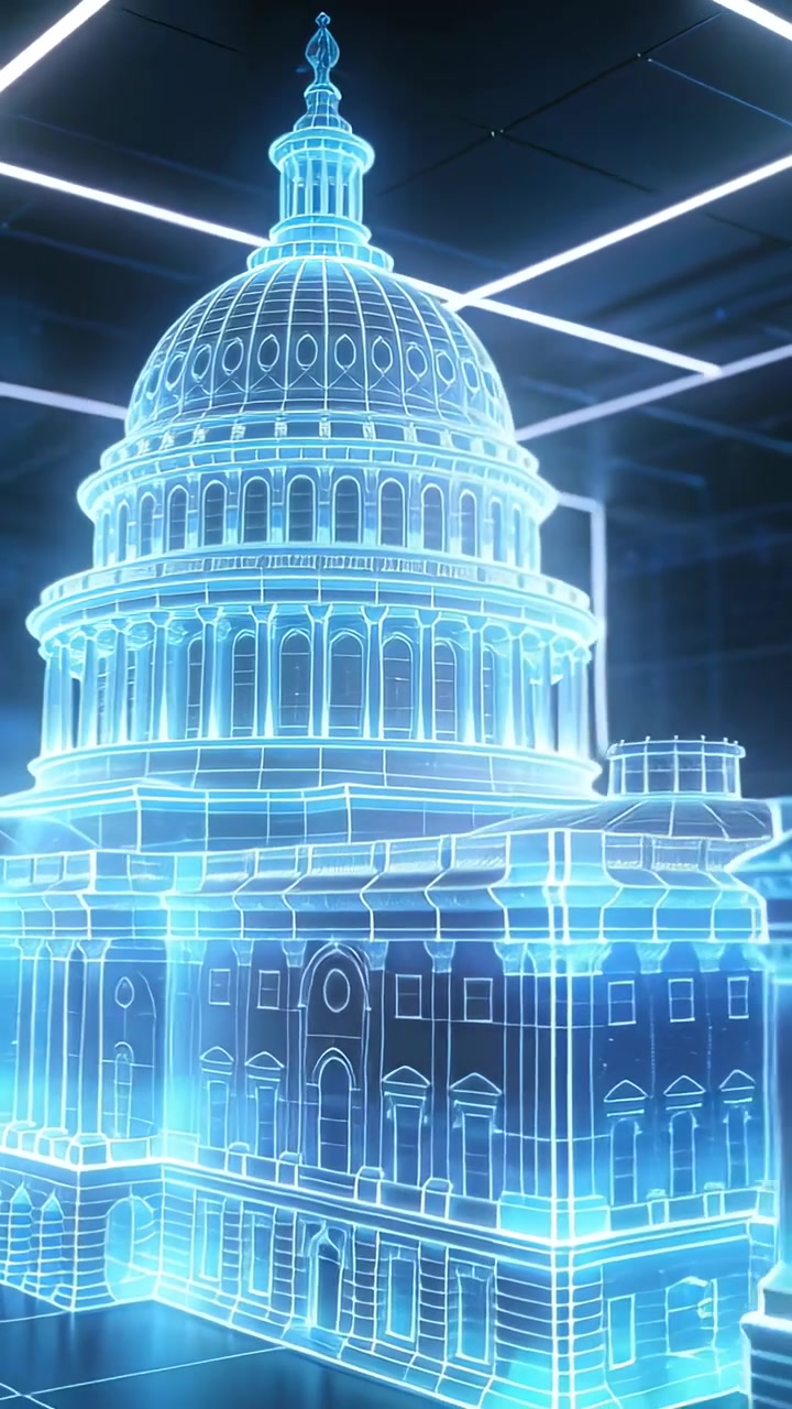 Vídeo vertical: Câmera em panorâmica mostrando um wireframe ciano de um capitólio em uma galeria, com luzes de grade iluminando a fachada.