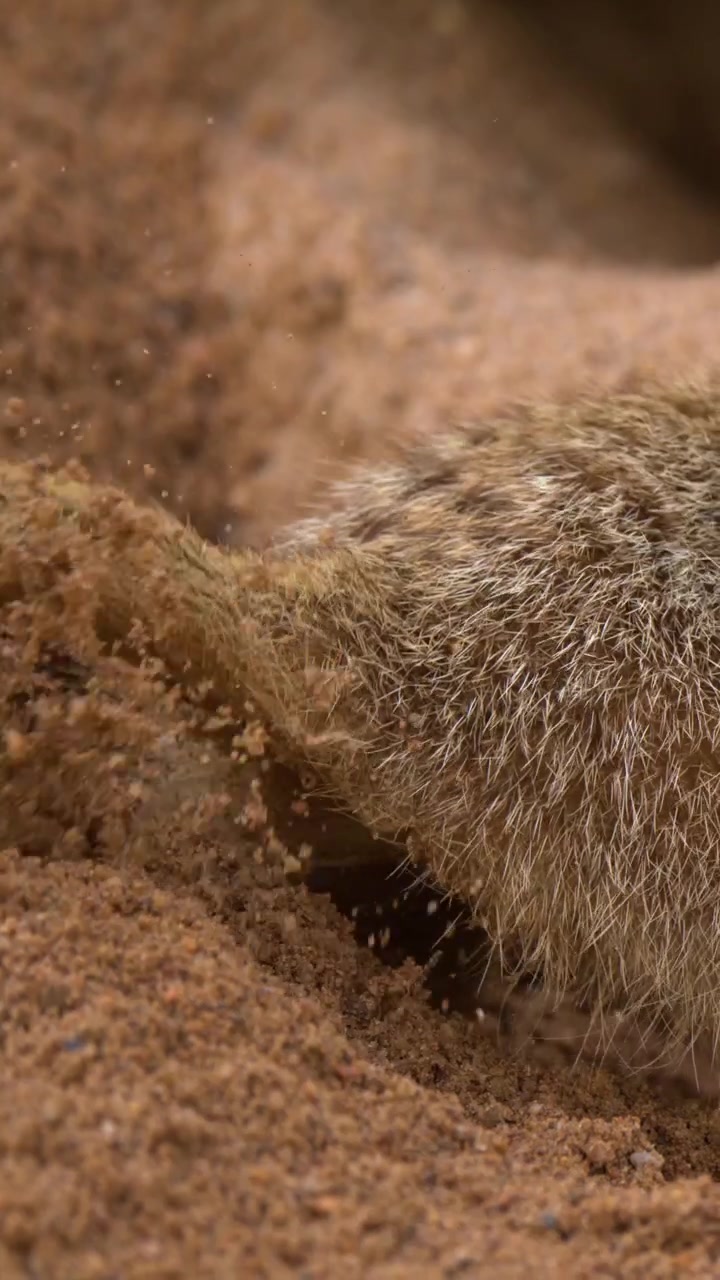 Close-up of a suricate digging sand to create a burrow in Dubbo, Australia.