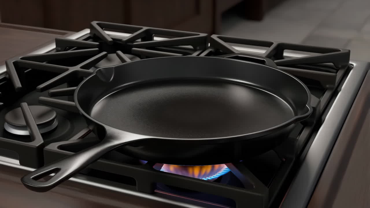 Cast Iron Skillet on a Gas Stove with Blue Flame