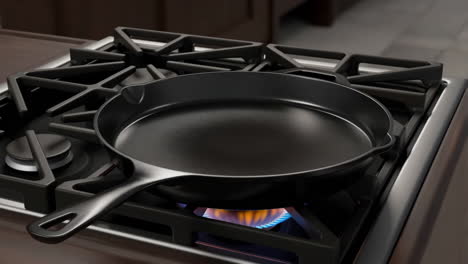 cast iron skillet on a gas stove with blue flame