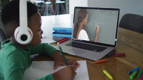niño afroamericano haciendo la tarea mientras tiene una videollamada con una maestra en una computadora portátil en casa