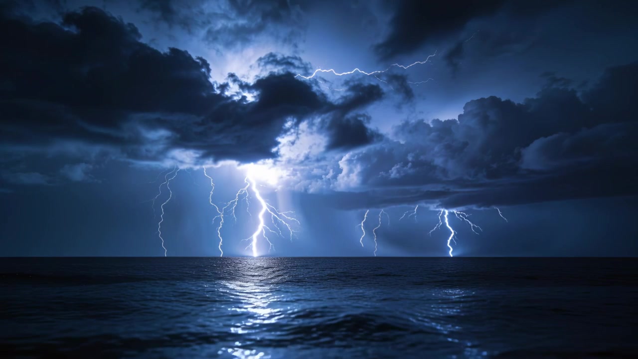Striking forked lightning illuminating thundercloud bank over ocean at night, storm charging