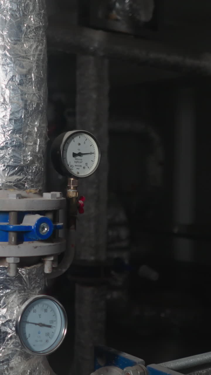 Large tubes with thermal insulation connective flange and pressure meter in boiler house closeup. Heat flow delivering to consumers apartments