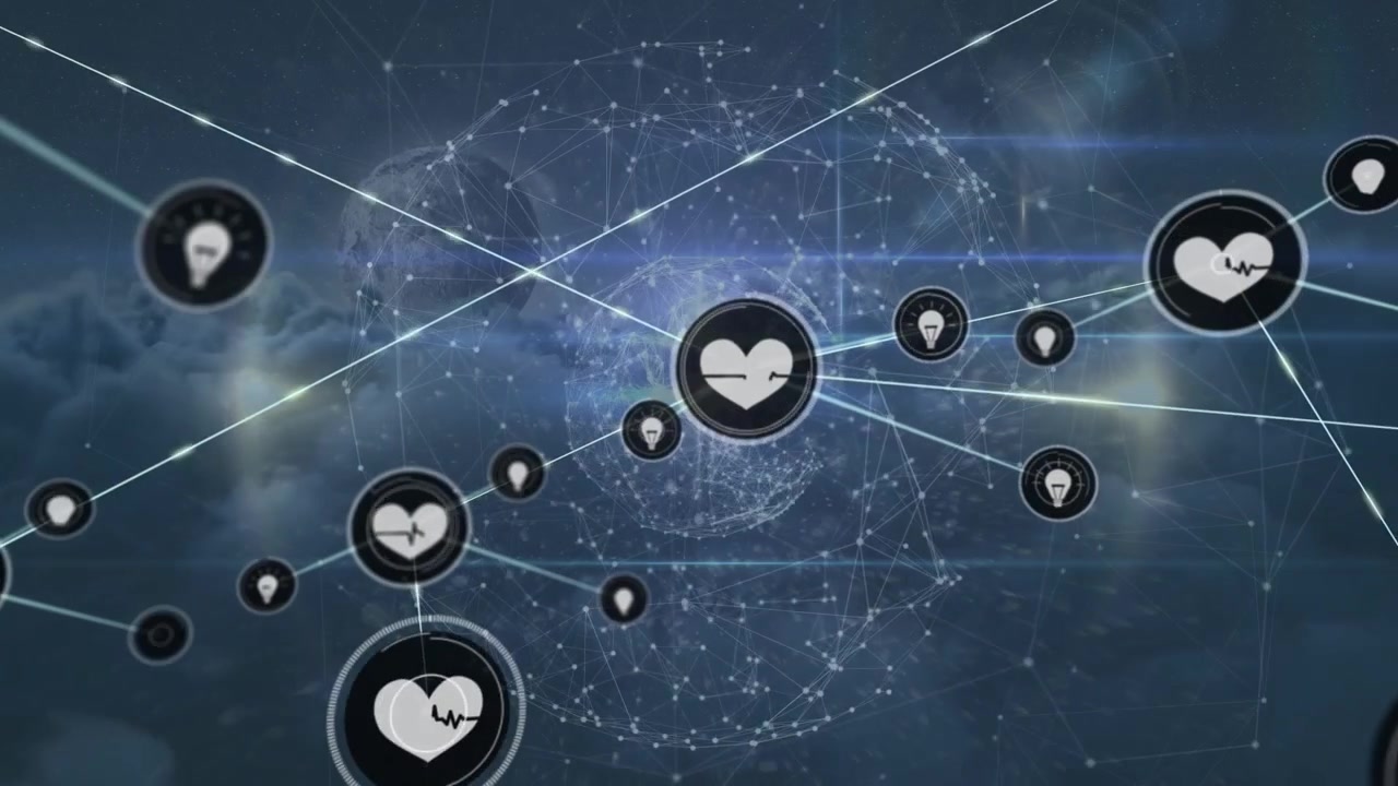 Animation of network of connections with icons over globe, sky and clouds