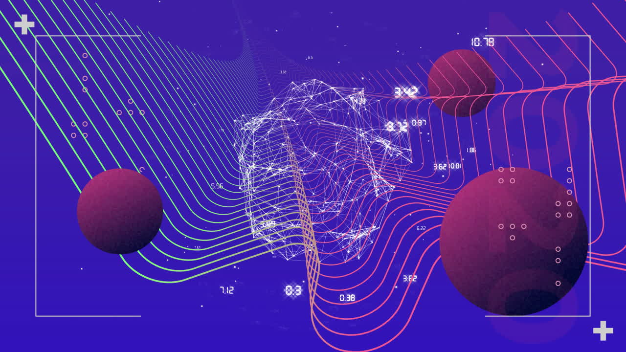 Central wireframe network pulsing in blue–purple field, with red spheres and grid lines