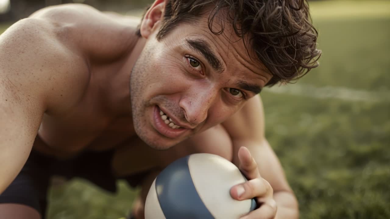 Atleta uomo accovacciato sull'erba, chinato verso la telecamera, raccoglie palla blu e bianca, mostra un consiglio di fitness