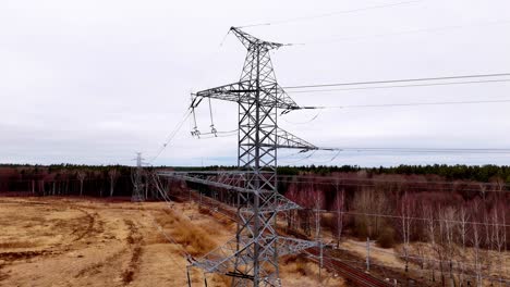 una alta torre de energía se ve en un campo con un cielo nublado en el fondo