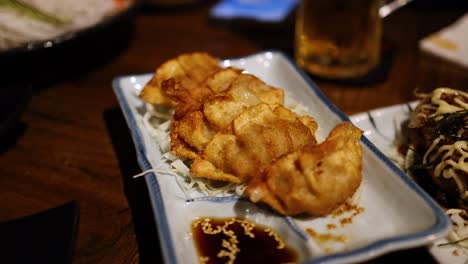 delicious gyoza served on a dining table