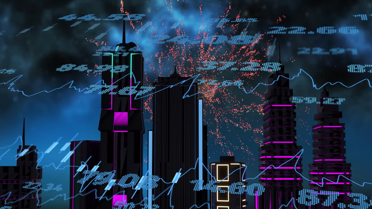 시티스케이프를 통해 금융 데이터 처리에 대한 디지털 인터페이스의 애니메이션