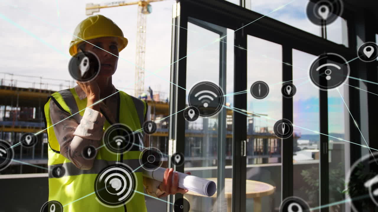 animación de una red de conexiones con iconos sobre una arquitecta caucásica usando un teléfono inteligente