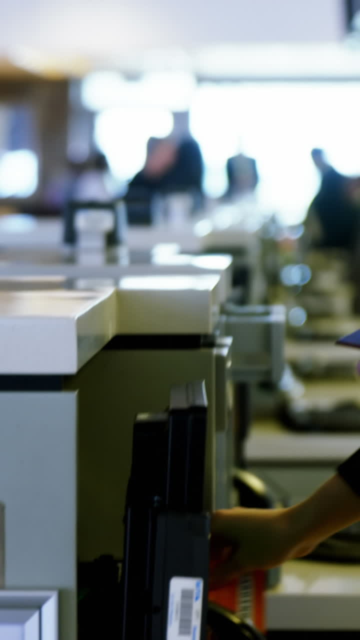 hombre de negocios mostrando su tarjeta de embarque en el mostrador de facturación