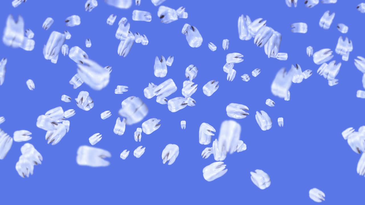 파란색 바탕에 많은  이빨을 날아. 치과 관리 개념. 치아 회전의 3d 애니메이션. 루프 애니메이션.