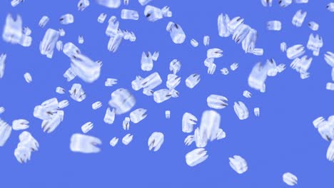volando muchos dientes blancos sobre un fondo azul. concepto de cuidado dental. animación 3d de la rotación de los dientes. animación de bucle.