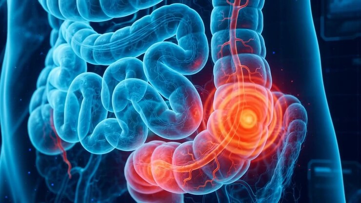 Blue hologram scan of human intestines inside a transparent torso with a glowing orange red pain target in the lower colon