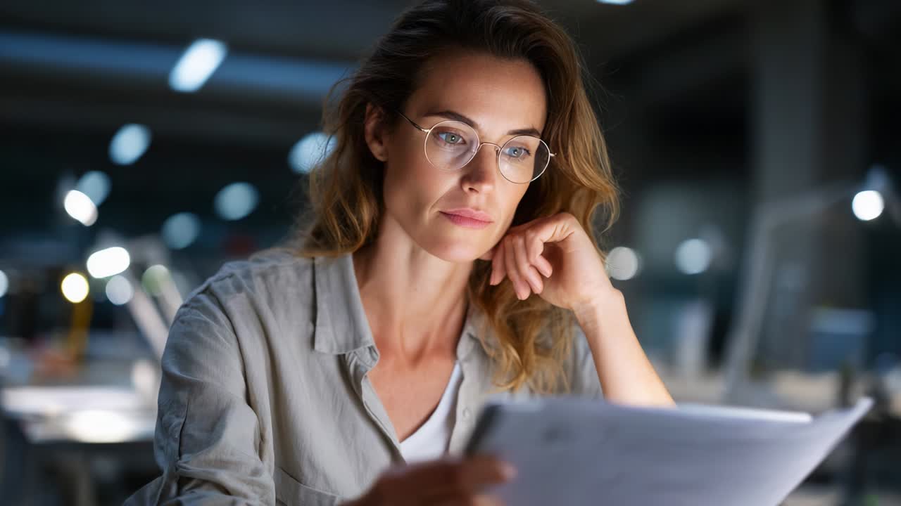 Thoughtful woman in casual attire analyzes documents while seated at a desk under soft ambient lighting, demonstrating concentration and reflection in a quiet workspace setting