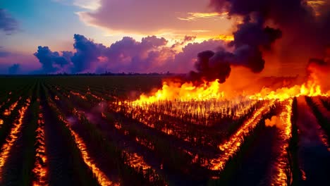 a field of corn on fire in the middle of a field