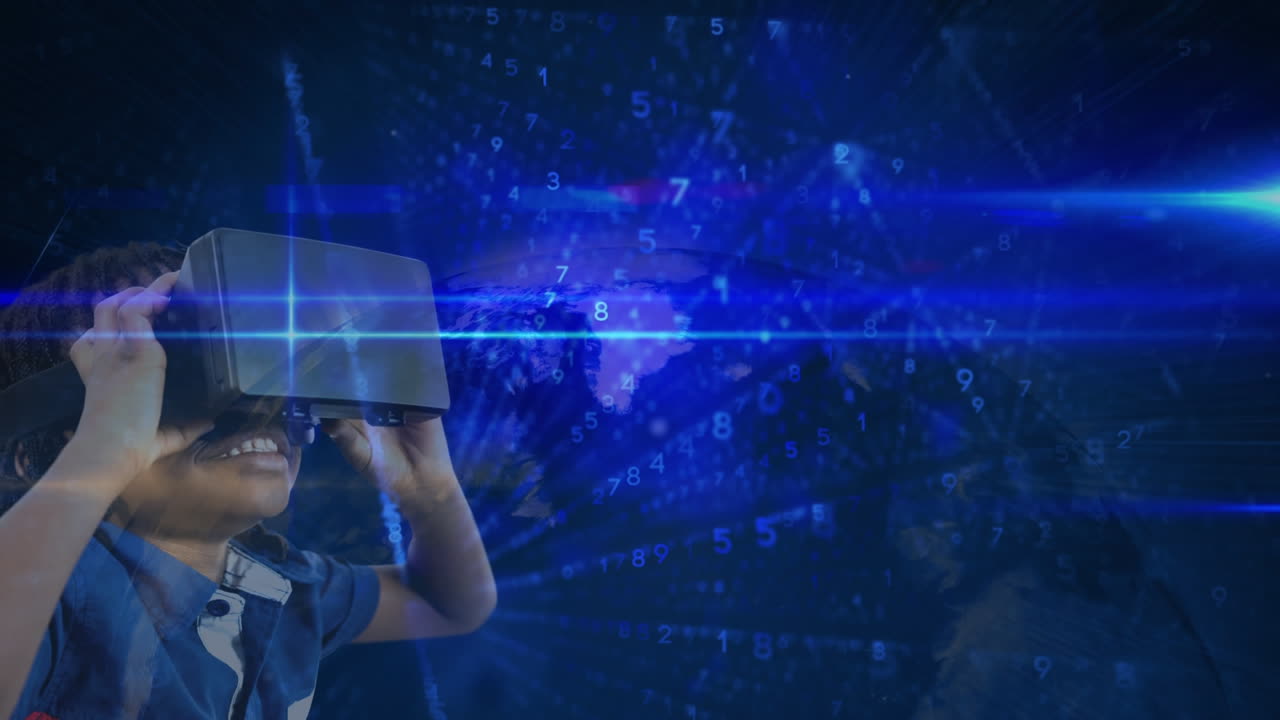 vr 헤드을 착용한 아이가 디지털 데이터와 숫자를 통해 가상 세계를 탐험합니다.