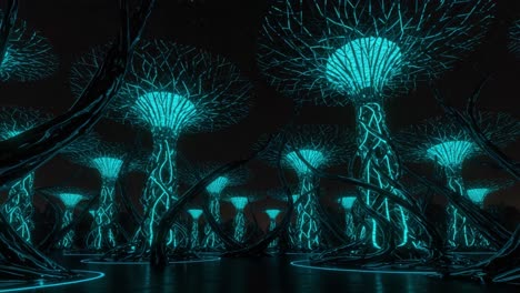 futuristic luminescent forest featuring ethereal trees illuminated by glowing blue light in a mystical night environment