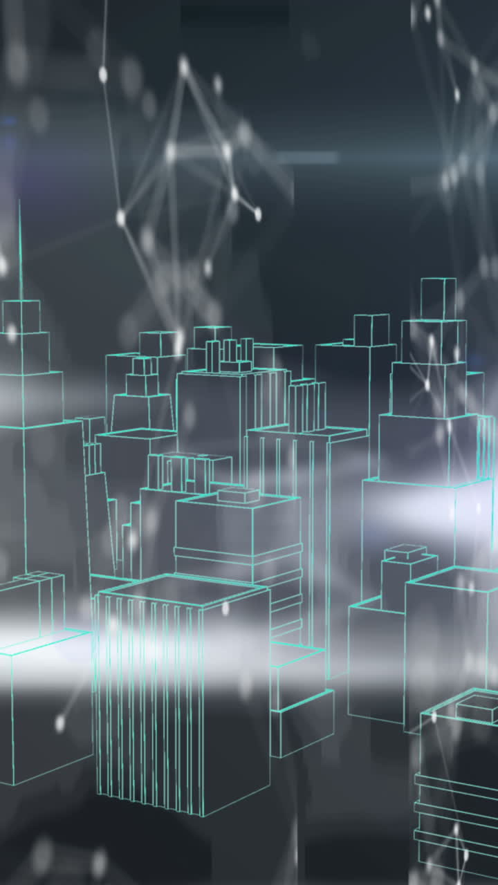 red de conexiones y procesamiento de datos contra el modelo de ciudad 3d pecando contra el fondo negro