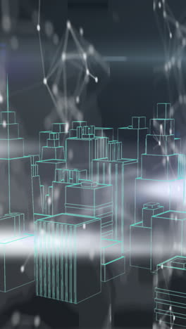 rede de conexões e processamento de dados contra modelo de cidade 3d pecando contra fundo preto